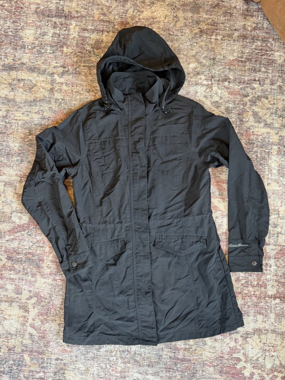 Eddie Bauer Black Hooded Utility Anorak Jacket Women's M Drawstring Waist